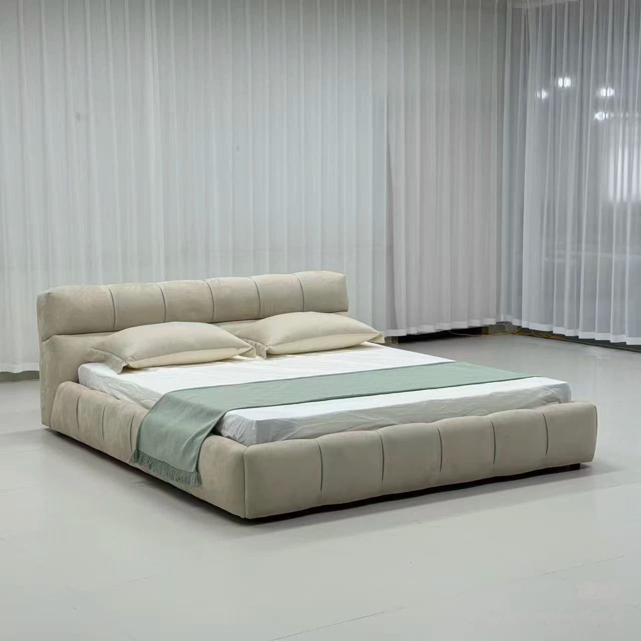 Suede Fabric Bed with Upholstered Headboard and Solid Frame