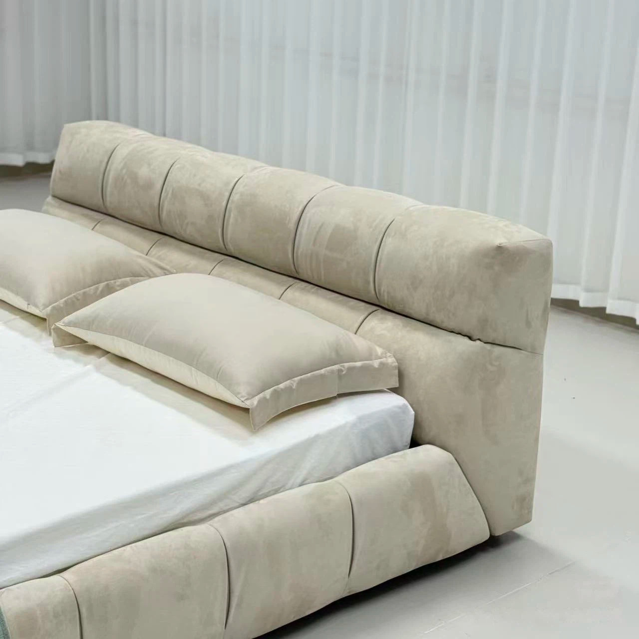 Suede Fabric Bed with Upholstered Headboard and Solid Frame