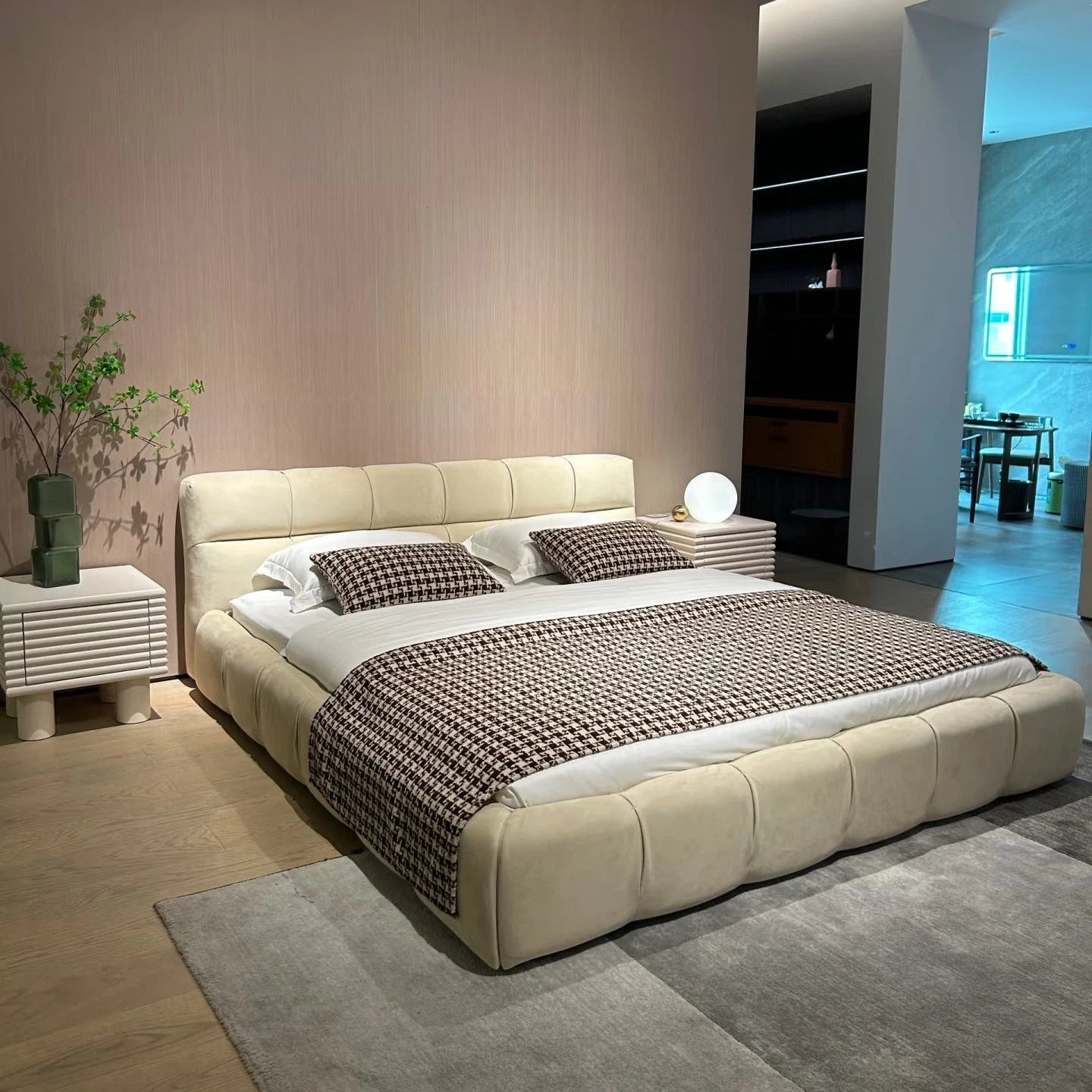 Suede Fabric Bed with Upholstered Headboard and Solid Frame