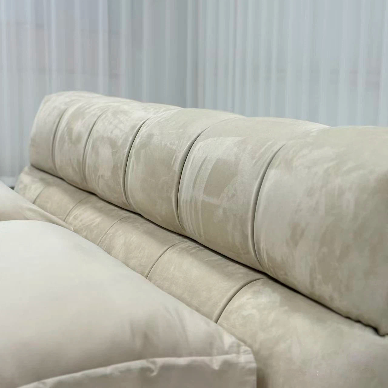 Suede Fabric Bed with Upholstered Headboard and Solid Frame