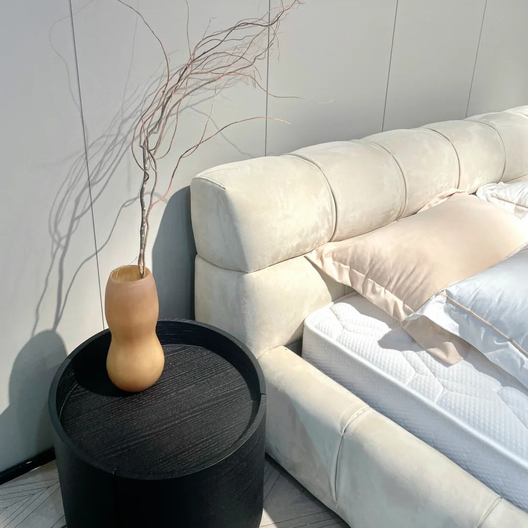 Suede Fabric Bed with Upholstered Headboard and Solid Frame
