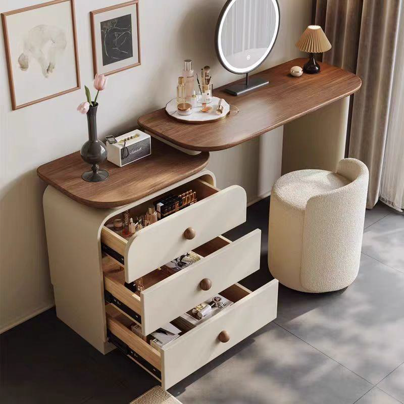 Modern Cream Vanity Desk Set with 3-Drawer Cabinet & Boucle Chair