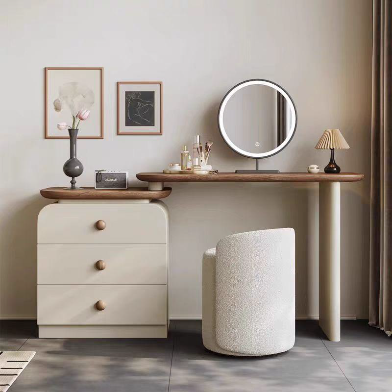 Modern Cream Vanity Desk Set with 3-Drawer Cabinet & Boucle Chair